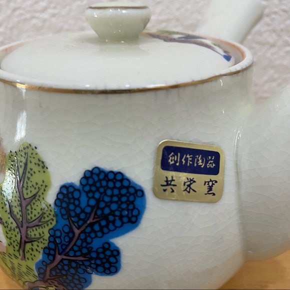 Vintage Japanese Kyusu Hand-painted Teapot Village Scene Teapot & 5 Cups Set - Picture 9 of 15